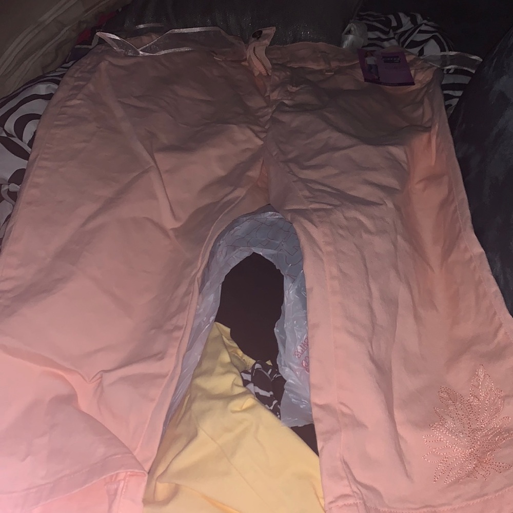 Peach and yellow capri misses stretch. Both Size 16 M